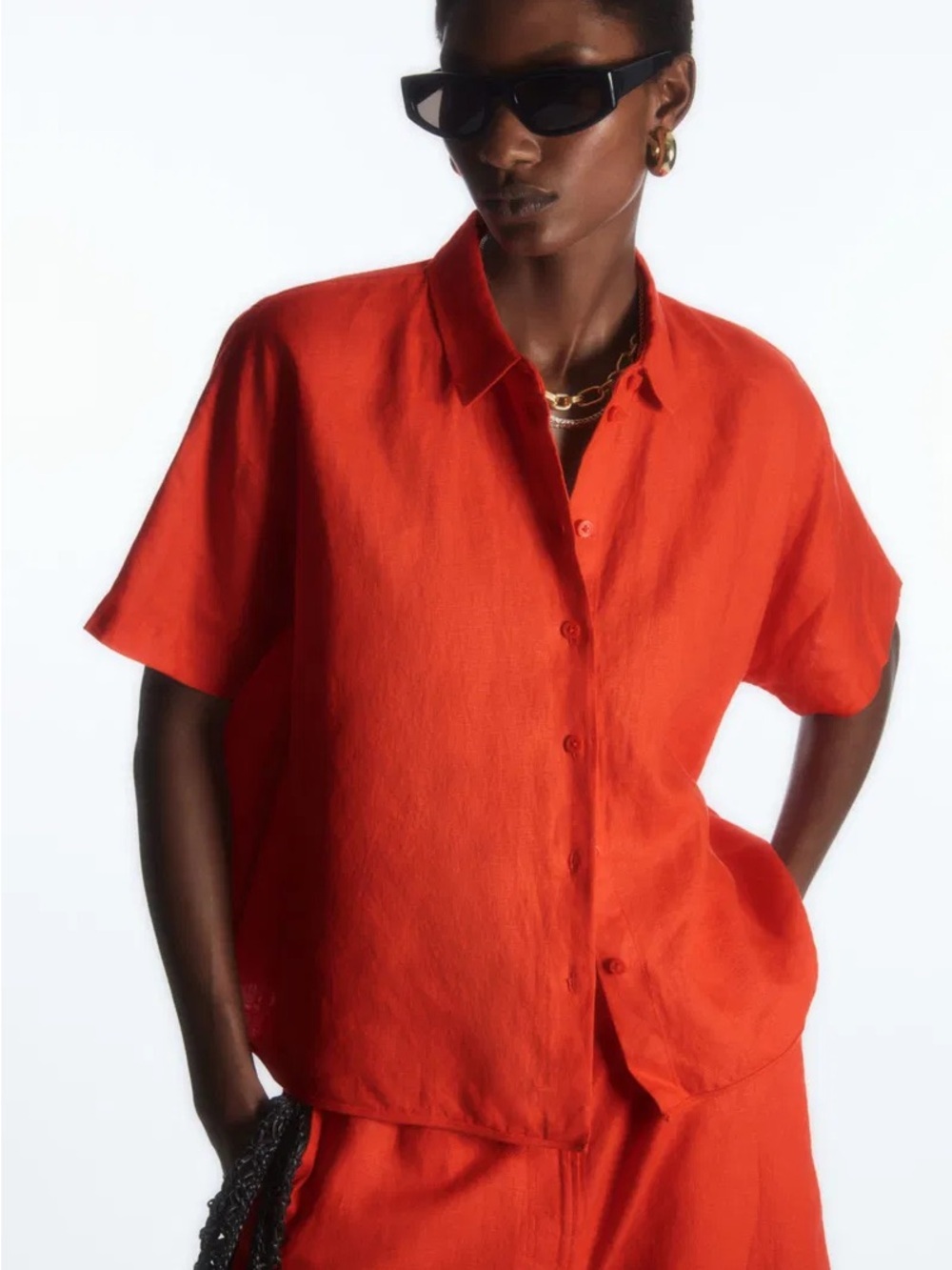 COS 100% Linen Short Sleeve Button Up Shirt Bright Orange US Size 2 Coastal